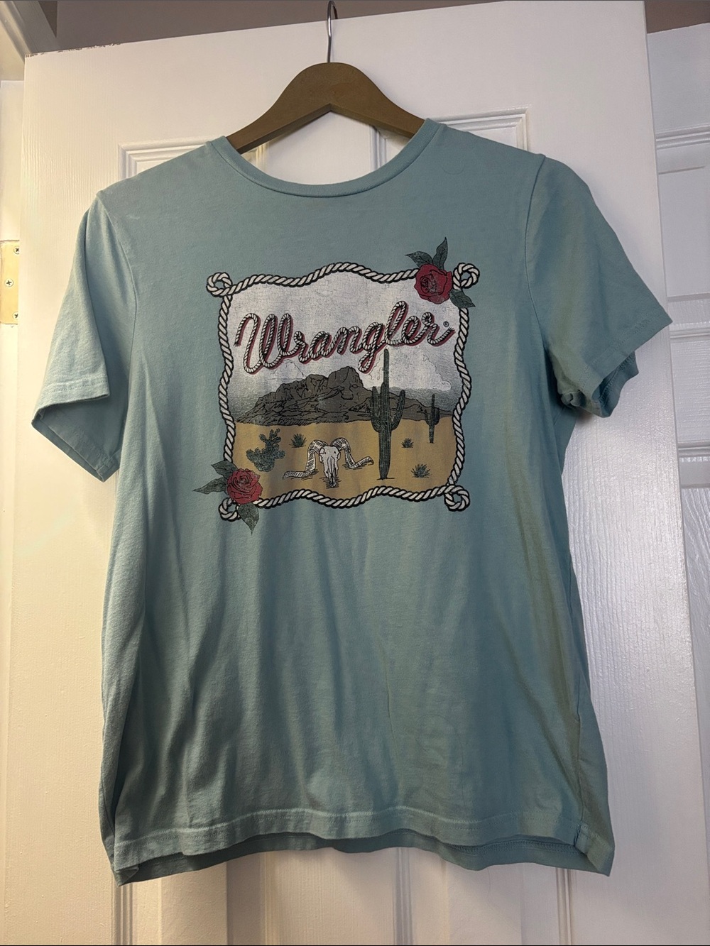 Wrangler Desert Graphic Tee in Light Blue with Red Accents